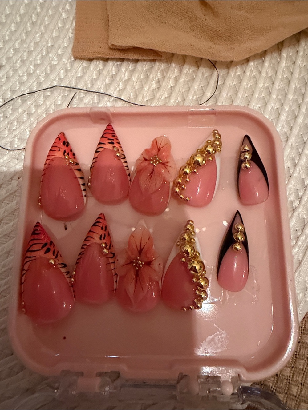 Pink Floral & Gold Accent Press-On Nail Set